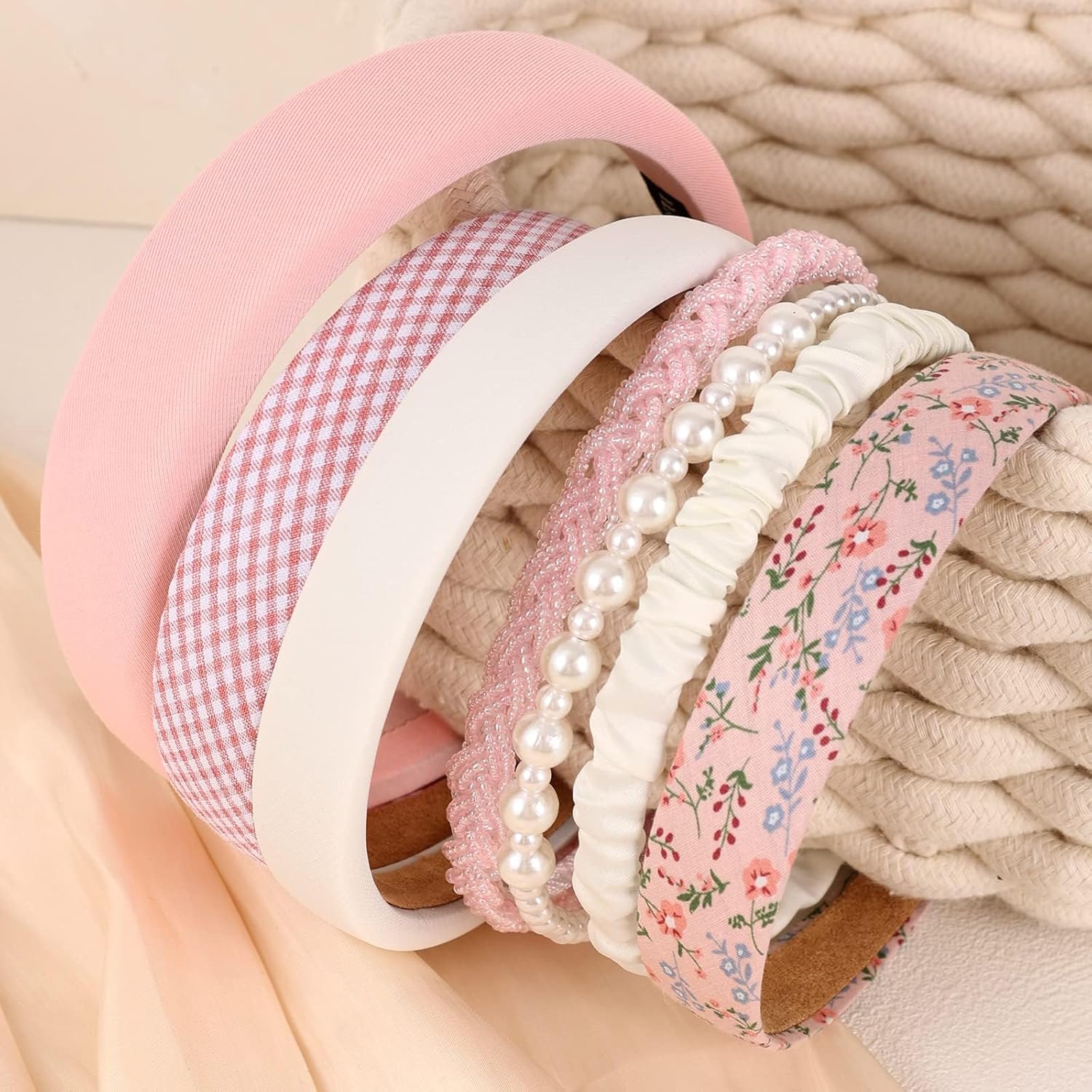 Women's Pearl Floral Padded Wide Bandana Headbands, Vintage Hair Accessories, Pink